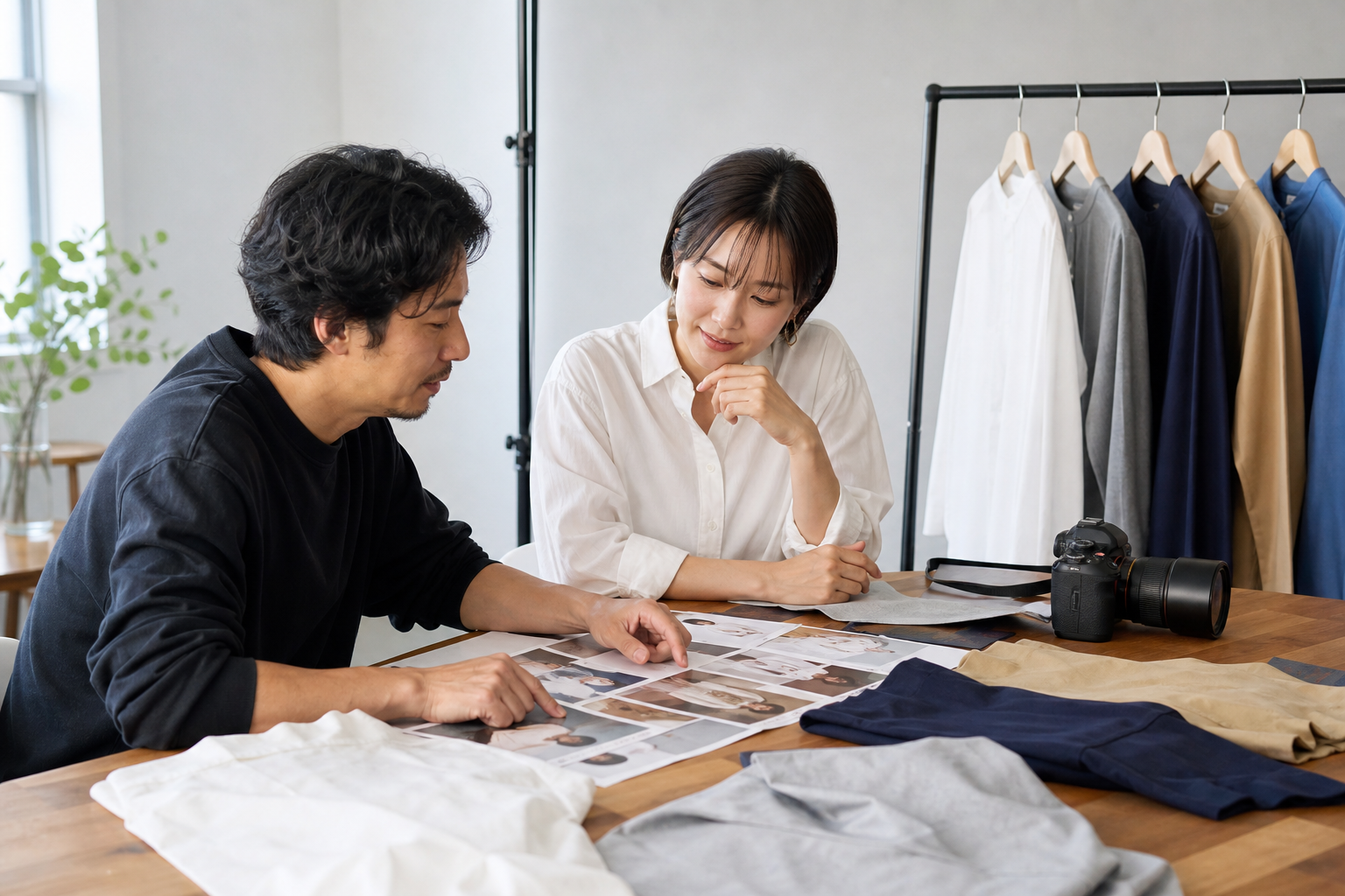 撮影前に服装と参考写真を確認する写真家とモデル
